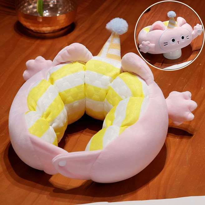 可愛豆豆絨U型枕護頸枕 飛機旅行頸部靠枕 辦公室頸椎枕, 1個, 粉貓【3Dpp棉內芯】【送收納袋】28*26cm