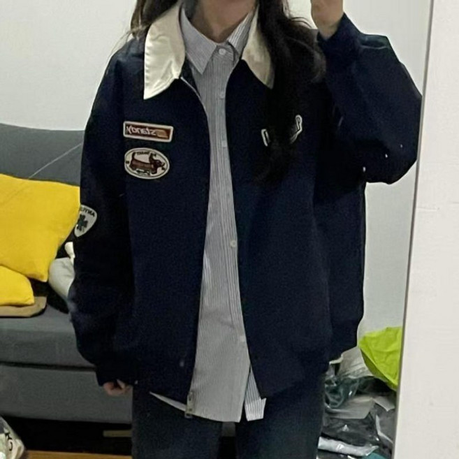 (신상 추천) 75kg까지 빅사이즈 여성 카라 빈티지 하라주쿠 항공점퍼 야구점퍼 자켓 봄 가을 편한 레터링 패치 장식 패션 고급 배색 디자인 캐주얼 오버핏 간절기 아우터 잠바