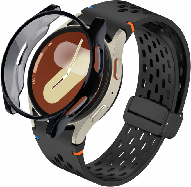 포근루프 갤럭시워치 호환 날개형 스포츠 실리콘 스트랩 타공 디버클 밴드 + PC 케이스, 블랙+블랙