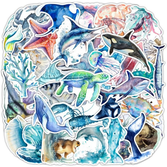 바다 동물 스티커 B형 세트 고래 거북이 돌고래 물고기 해양 생물 다꾸, B형/50장(1세트)