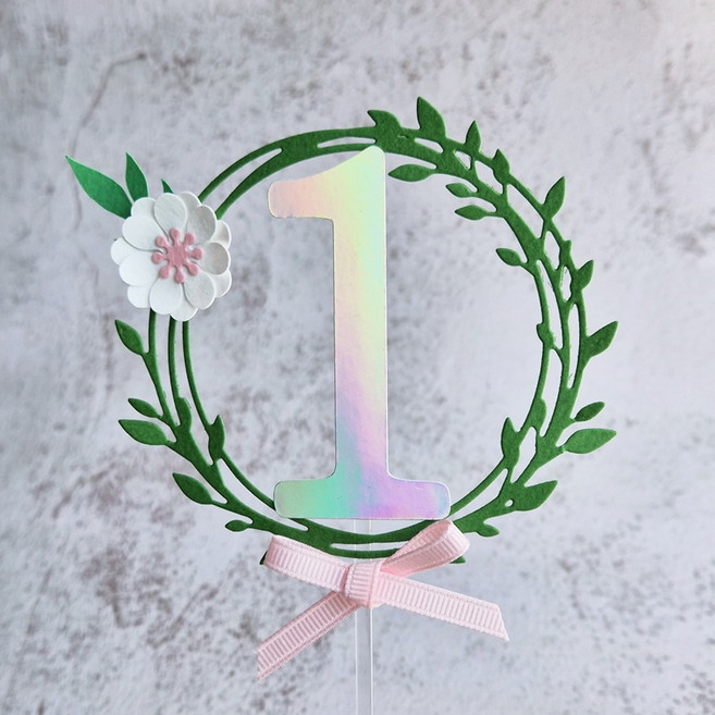 [푸른달토퍼] 첫돌 숫자 케이크 토퍼 꽃 리스, 1개