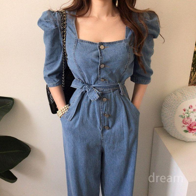 여성데님점프슈트 포켓 스퀘어넥 퍼프소매 데일리룩