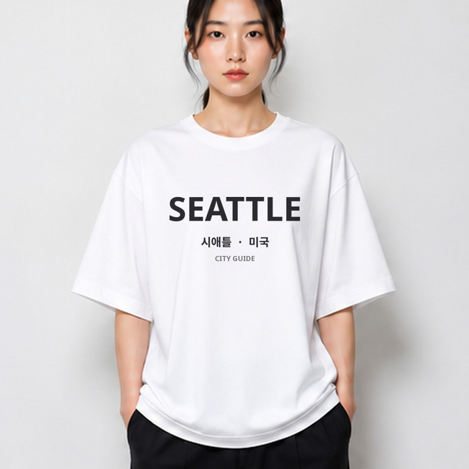시애틀 여행 티셔츠 미국 도시 미니멀 그래픽 반팔티 면티 남녀공용, 화이트, 1개
