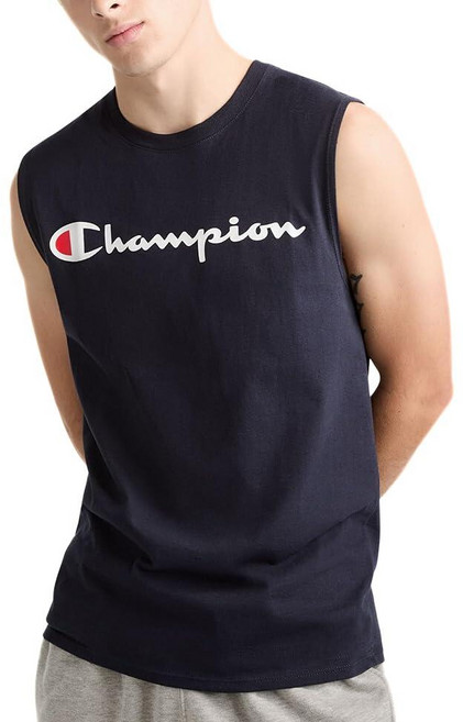 Champion 챔피온 남성용 머슬 탱크 클래식 그래픽 티 민소매 티셔츠 (Reg. or Big & Tall) 스칼렛 - 스크립트 로고 S_158838, M_158838, 표준, 네이비 - 클래식 스크립트 로고