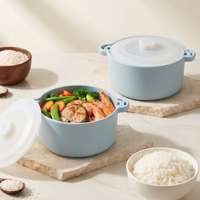 하루꿈 실리콘 찜기 다용도 저당밥솥 1200ml 전자레인지 용기, 1개, 블루