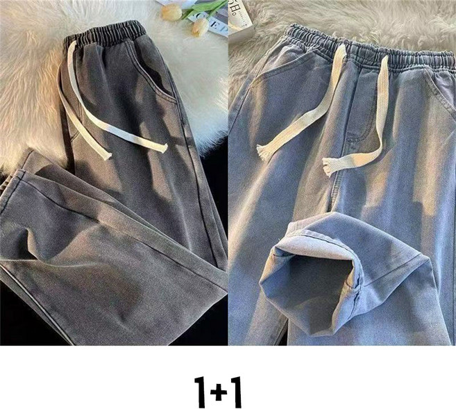 1+1 여성 데님 팬츠 캐주얼 봄 가을 하이웨이스트 청바지 기질 밴딩 일자 데님 팬츠 RSH