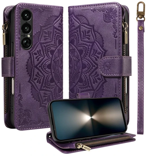 소니 엑스페리아 1 VIII 10 5 V III용 가죽 지퍼 지갑형 손목 스트랩 폰 케이스패턴 카드 홀더 커버, 05 Sony Xperia 1 III, 04 Purple