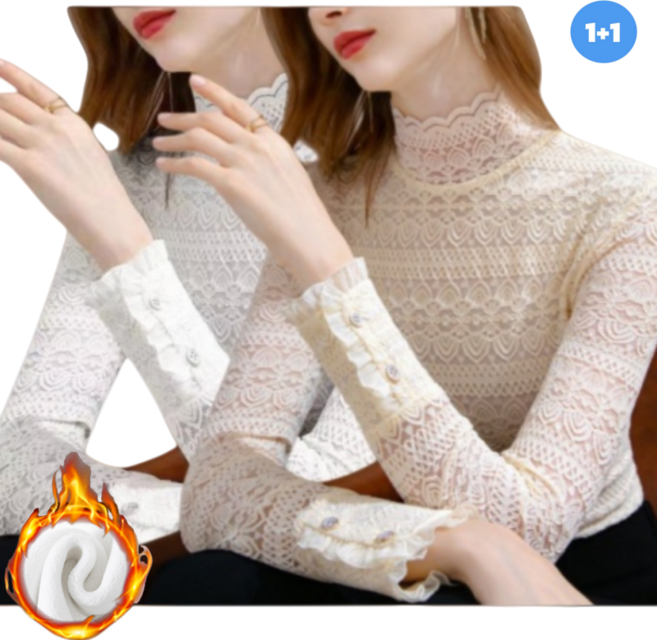 Makone 여성 가을 겨울 자카르 반폴라 이너 기모 레이스 티셔츠