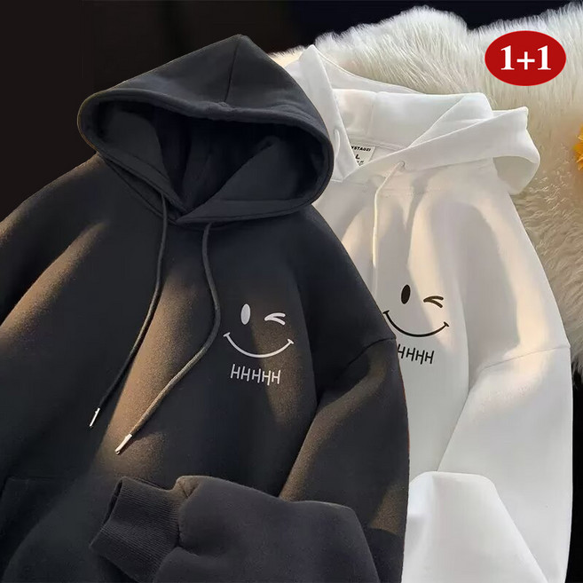 Asure 봄 가을 루즈핏 캐주얼 무지 스마일 패턴 후드 얇은 기모 맨투맨 1+1