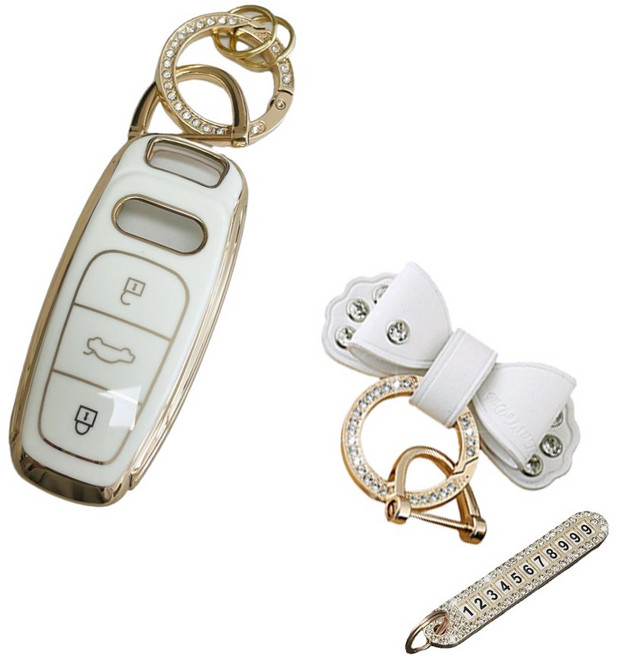 루루형제 아우디 자동차 호환 TPU 키케이스 + 번호키링 + 가죽리본, 크림화이트, AA-03