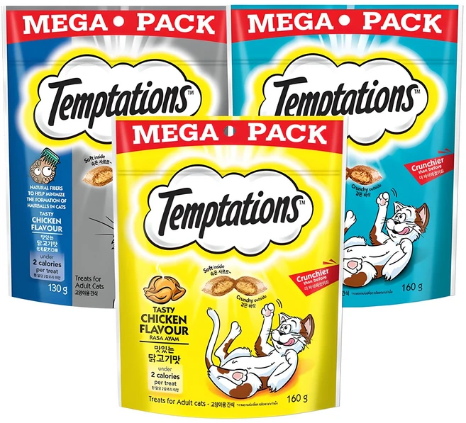 템테이션 고양이 메가팩 스낵 3종 세트, 혼합맛(닭고기/참치/헤어볼컨트롤), 1세트, 450g - 쿠팡