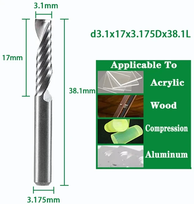 RIGTIP 나선형 엔드 밀 3.175mm 생크 단일 플루트 밀링 커터 아크릴 목재 알루미늄 용 3D CNC 라우터 비트, 16 d3.1x17x3.175Dx38.1L, 1개
