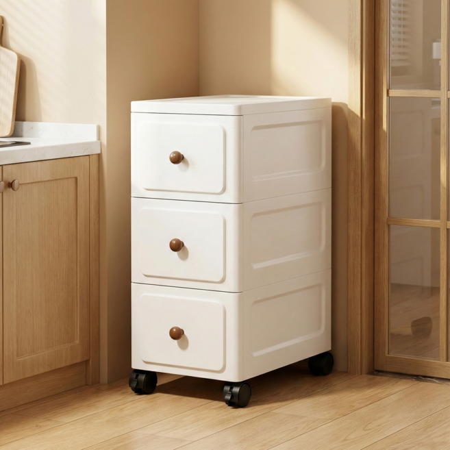홈위시 이동식 틈새수납장 주방 거실 좁은 선반 서랍장, 화이트, 3단