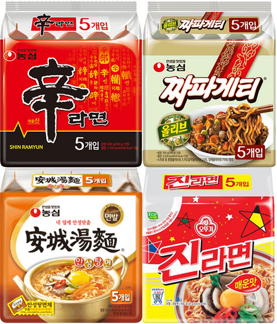 농심 오뚜기 봉지라면 4종 세트(신라면5P+짜파게티5P+안성탕면5P+진라면매운맛5P)