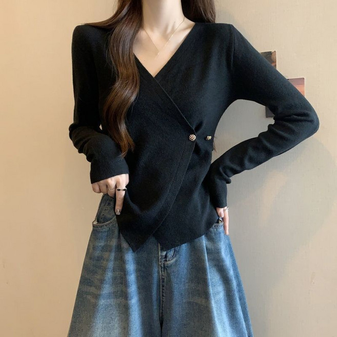 AOKADA 여성 봄 가을 슬림핏 브이넥 랩 스타일 언발 긴팔 니트 티셔츠 스웨터