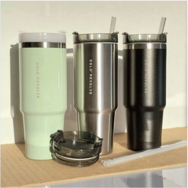 오슬로 빨대포함 스텐 텀블러 차량용 머그컵 900ml 대용량 카페 보온보냉 커피, 600ml, 그린, 1개