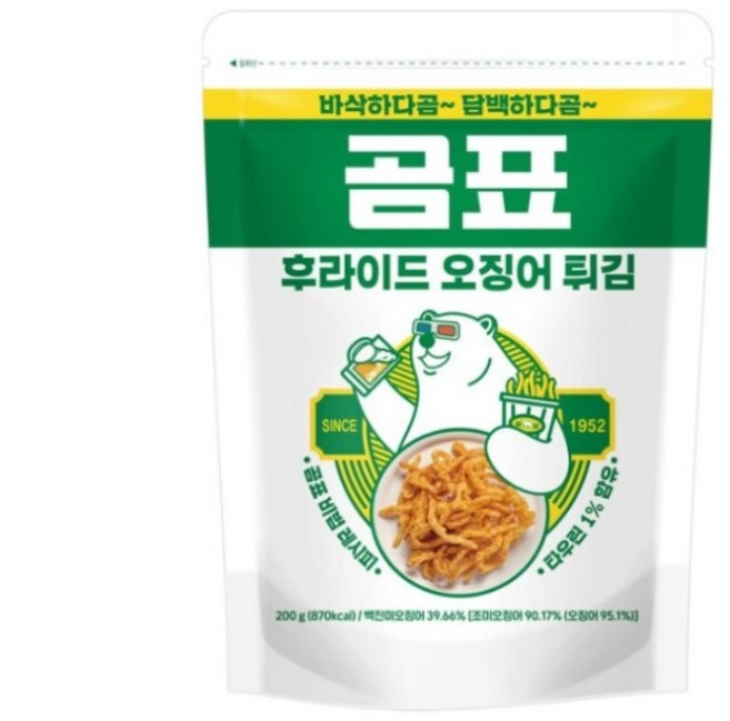 곰표시리즈) 곰표 후라이드 오징어튀김 200g 1봉 / 진미오징어 맥주안주 과자 스낵 + 붙이는미니핫팩증정, 1개