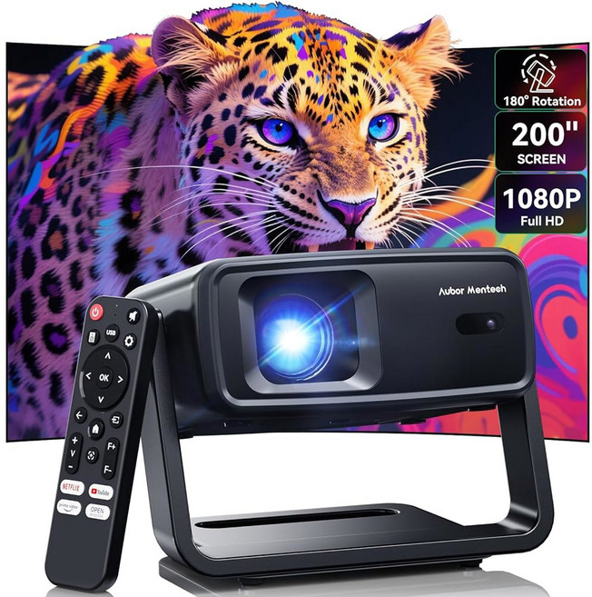 WiFi 및 블루투스 4K 1200 ANSI 지원 디코딩 네이티브 1080P 미니 오토 키스톤 휴대용 스마트 야외 홈 무비 프로젝터로 180 회전 가능, 1개