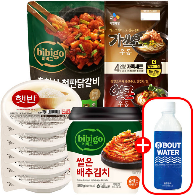 햇반백미210g 5개 + 춘천식철판닭갈비700g + 비비고썰은배추김치용기500g + 가쓰오우동2인얼큰우동2인 + (증정)제주이온음료500ml