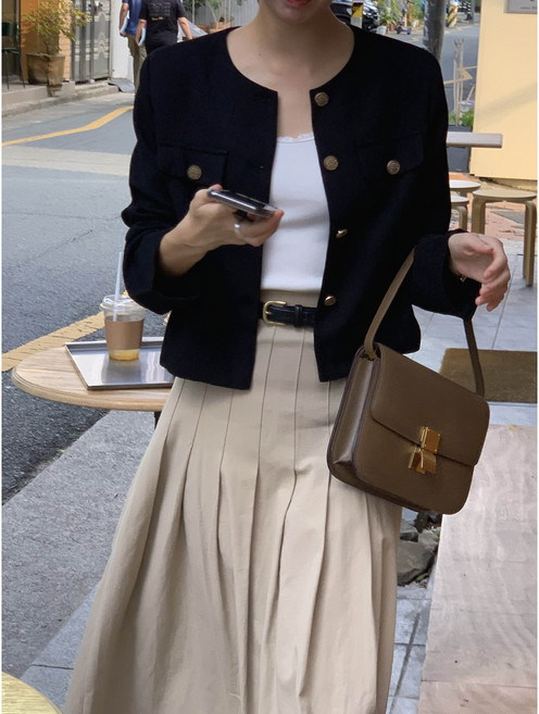 (자체제작) 루어스룸 젤리 봄 여름 간절기 루즈핏 반팔 긴팔 골드버튼 포켓 라운드넥 숏 트위드 하객룩 자켓