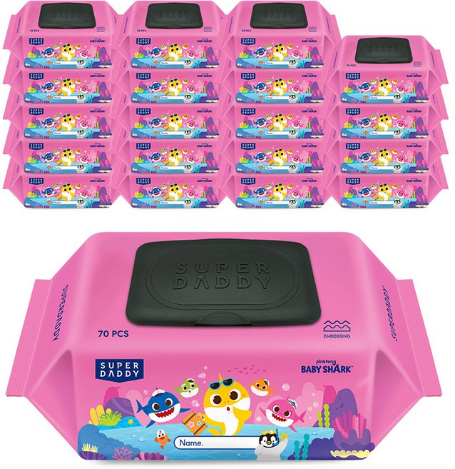 슈퍼대디 유아용 아기상어 엠보싱 물티슈 캡형 핑크 77g 70매 20팩