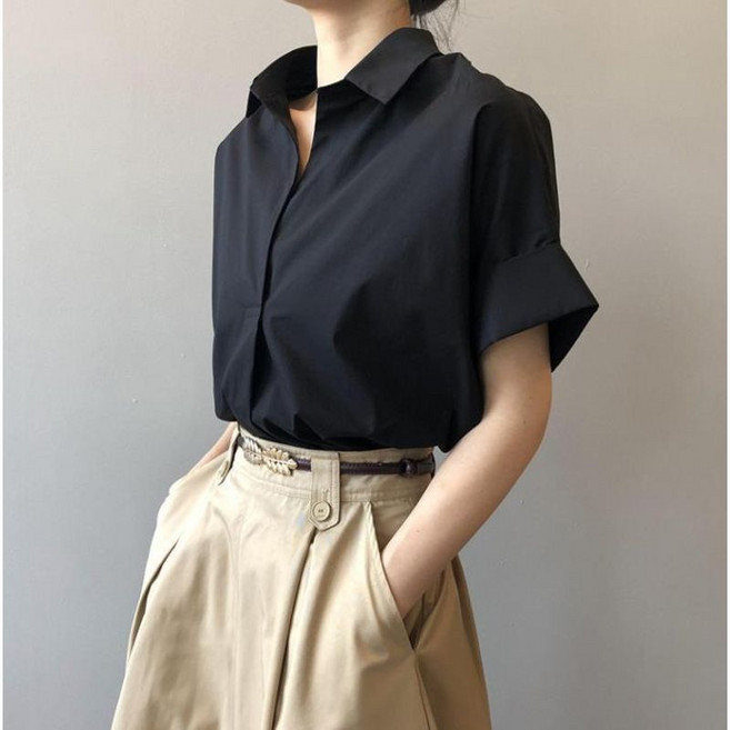 寬鬆蝙蝠袖短袖襯衫 女夏季新款 簡約百搭