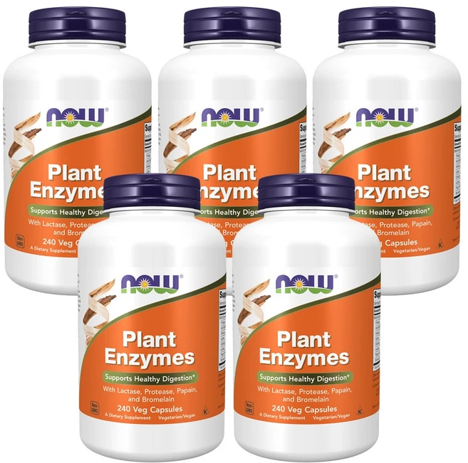 NOW Foods 식물 효소 식물성 캡슐 240정 x 5 아밀라아제 리파아제 프로테아제, 5개 - 쿠팡
