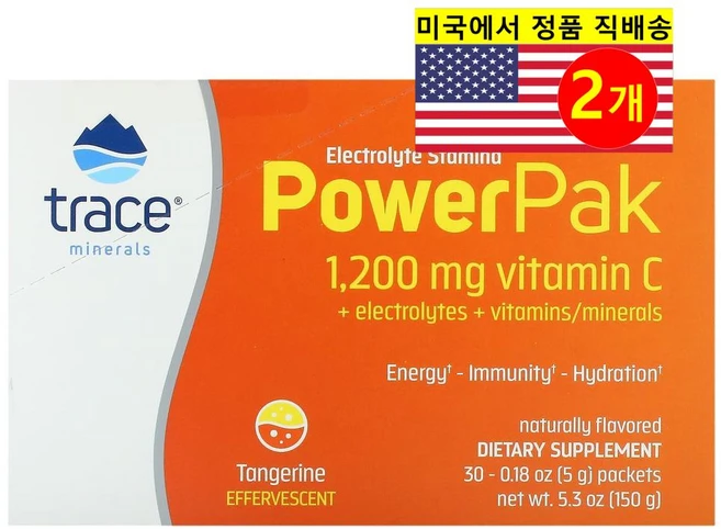 Trace Minerals 트레이스 미네랄 전해질 스태미나 파워팩 비타민 C 1200mg 귤 맛 30개입, 156g, 2개 - 쿠팡