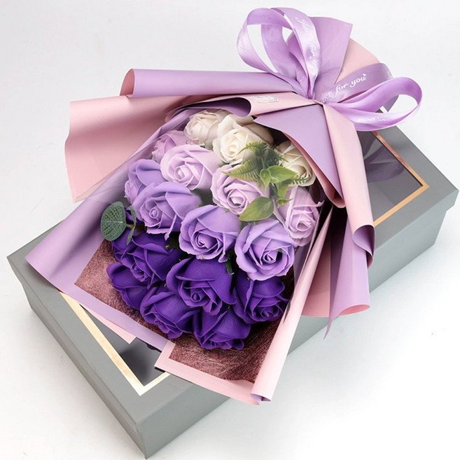 유니팡 비누 조화 로맨틱 그라데이션 장미 꽃다발 18송이 선물 박스 세트, 1개, 퍼플