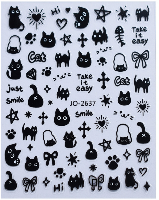 샵글로벌 만화 낙서 네일아트 스티커 귀여운 고양이 강아지, 1개, 스마일블랙