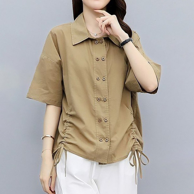 ROYALBELLE 여성 단색 린넨 오버핏 카라넥 5부소매 셔츠 패션 버튼 반팔 블라우스 M0042711