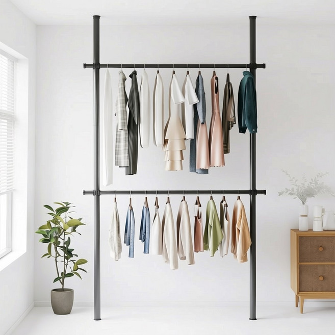 예니브 32mm2단행거튼튼한 철제 스탠드 옷걸이 행거, 블랙