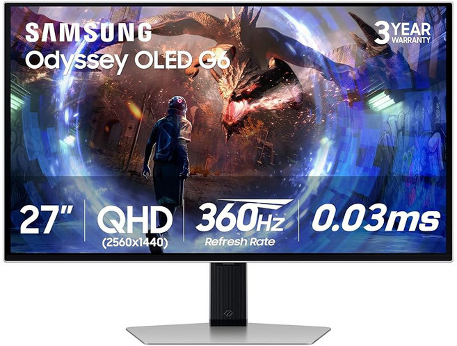 삼성 27인치 오디세이 OLED G6 (G61SD) QHD 및 QD-OLED 240Hz 0.03ms 프리싱크 프리미엄 프로 게이밍 모니터 세련된 메탈 디자인 3년 보증 미국, 360Hz Refresh Rate