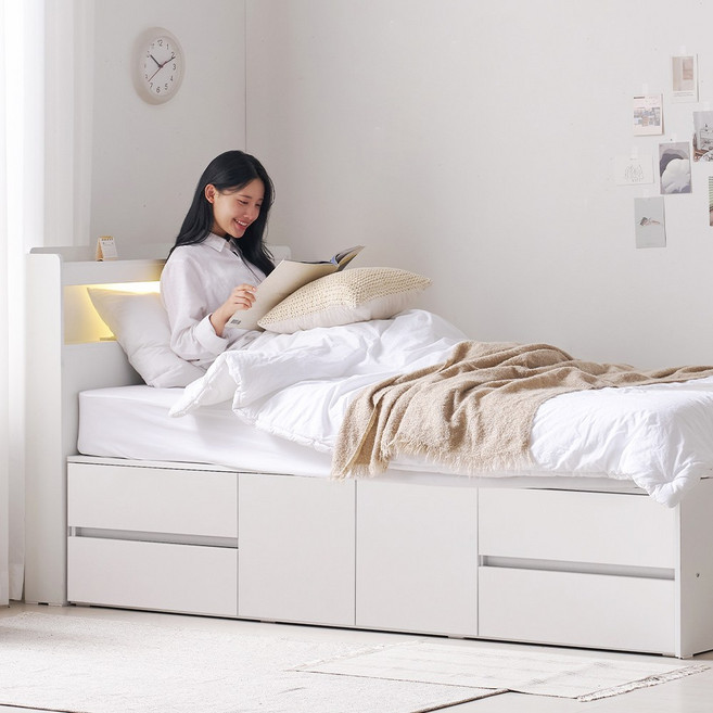 바로방가구 로랑C LED 벙커 서랍 수납침대 프레임 슈퍼싱글침대 SS (안전가드미포함), 화이트