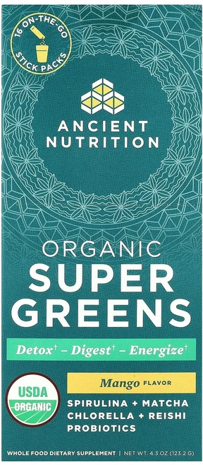 Ancient Nutrition 유기농 슈퍼 그린 망고 휴대용 스틱팩 16개 개당 7.7g(0.3oz) Nutrition (에인션트 뉴트리션), Ancient Nutrition, 유기농 슈퍼 그린,, 1개, 123.2g - 쿠팡