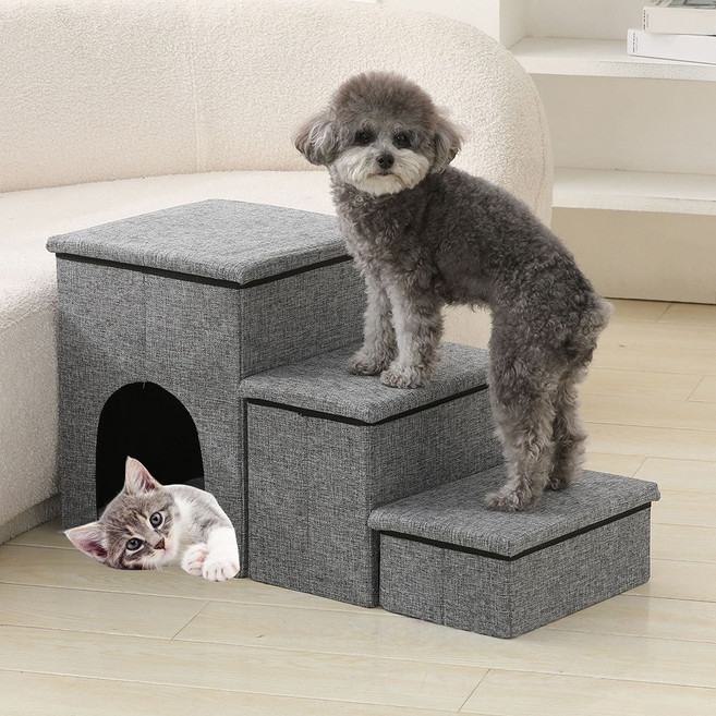 강아지계단 침대 소파 3단 고양이 계단 수납형 논슬립 애견 스텝 접이식 하우스, 1개, 회색