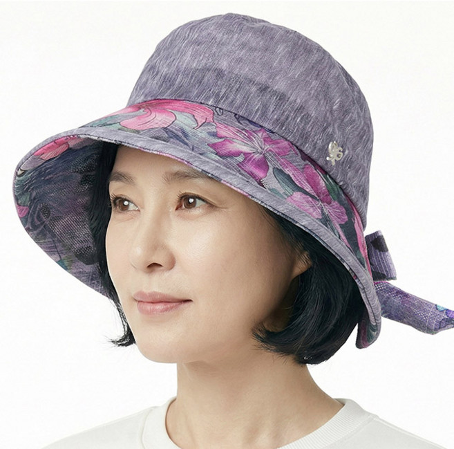 베이직엠 중년 여름 여성모자 벙거지 망사 챙플라워 실버나비 뒷리본