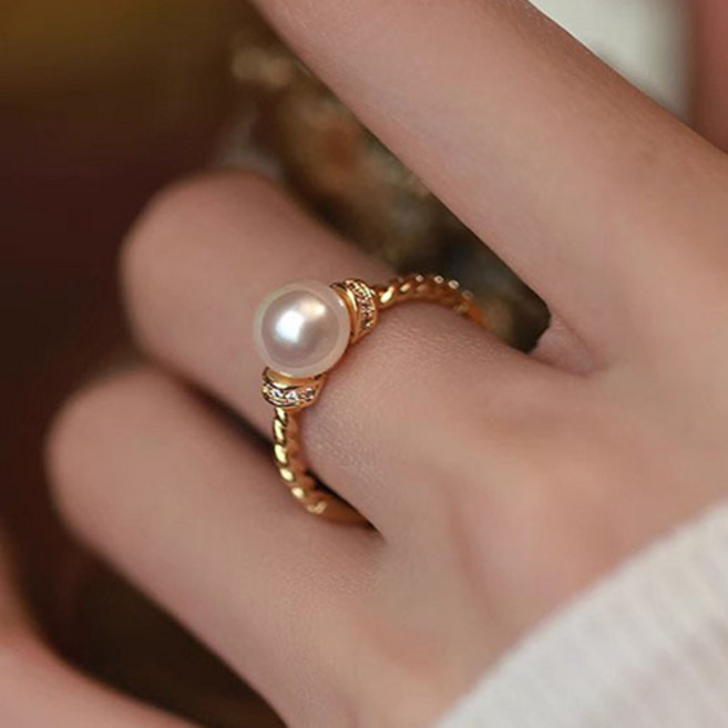 여성 심플 미니 진주 큐빅 레이어드 꼬임 오픈 링 반지 A2617