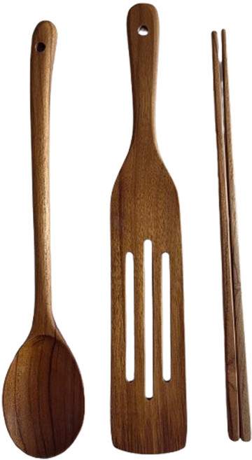 몽다름아 100% 핸드메이드 티크우드 서빙스푼 뒤집개 튀김젓가락 3종세트, 1세트, 서빙스푼 +3줄펀칭뒤집개 +튀김젓가락