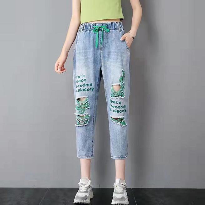 셀럽당 여자 바지 여름 청바지 얇은 와이드 빅사이즈 밴딩 7부 캐주얼 팬츠 S02210+무료배송