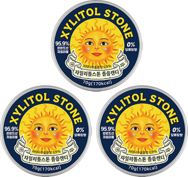 자일리톨스톤 사탕 졸음캔디 70g 100%핀란드산 자일리톨 당0% 무설탕 제로슈가 휴대가 간편한 틴케이스 수험생캔디 졸음운전방지, 3개