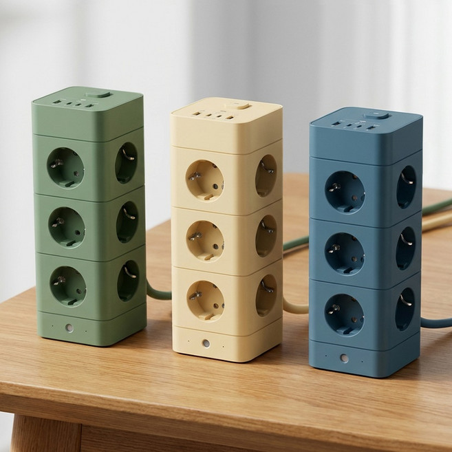 혼카 에코너 타워형 큐브 멀티탭 4000W 고용량 고속충전 12구 + USB-A 2개 + C타입 2개 예쁜 슬림 디자인 콘센트 컴퓨터 책상 전기선 정리 MT10, 10 프로스트 그린, 1개, 180cm