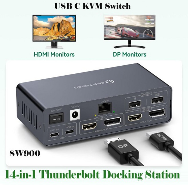 썬더볼트 4 KVM 스위치 도킹 스테이션 (2개 모니터 2개 노트북 또는 맥북용) 4K@60Hz 14 in 1 USB C 3.2, 02 EU POWER PLUG
