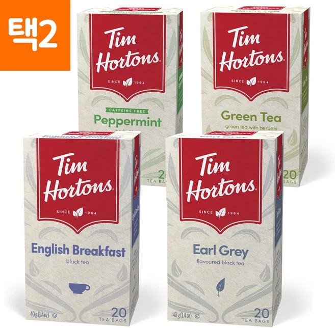 Timhortons 팀홀튼 티 4종류 티백 20개 2팩세트, 02.페퍼민트, 03.잉글리시 블랙퍼스트 - 쿠팡