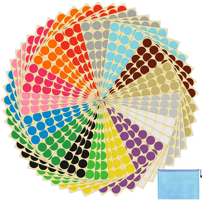 25mm 원형스티커 48매 (1920 개) 16종 색상 원형 도트 스티커 서류봉투 1개 포함, 48 매