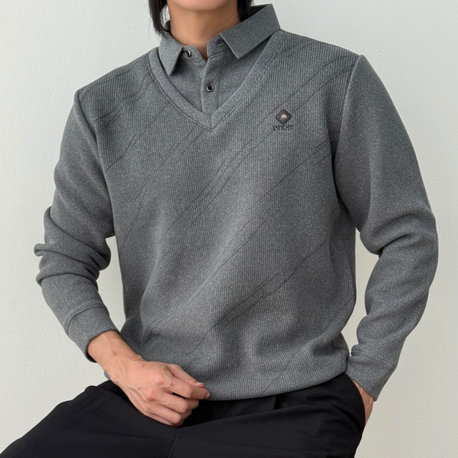 코엑티 겨울 남성 카라 페이크 투피스 기모 벨벳 스웨터