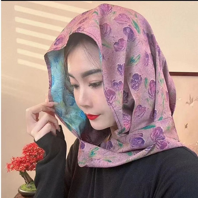 女士連帽圍巾 春夏薄款防曬披肩 包頭絲巾帽 百搭旅遊頭巾 飄帶多功能頭飾 #粉紫百合 #均碼