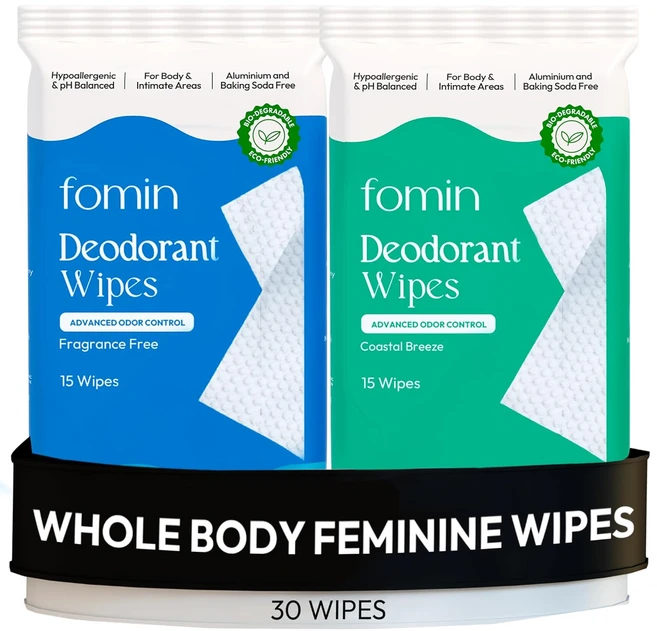 여성용 FOMIN 산성 데오드란트 물티슈 - 30 카운트 버라이어티 팩 저자극성 pH 균형 전신 플라스틱 프리 각질 제거 및 고급 냄새 제어 겨드랑이 바디, 1_Variety Pack, 1_15 Count (Pack of, 1 - 쿠팡