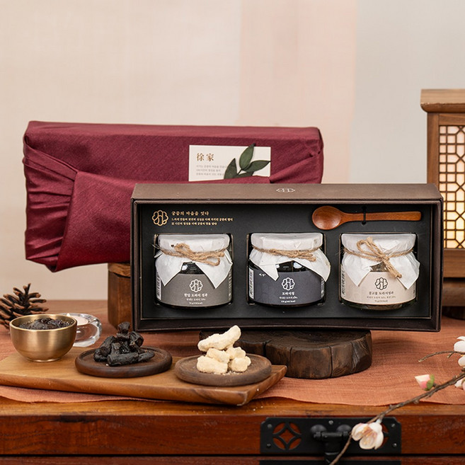 궁중비법 서가 도라지정과 도라지청 한상 양가 부모님 상견례 첫인사 명절 설 선물 세트, 1개, 한입도라지정과+콩고물도라지정과+도라지청, 산서함411 + 버건디 소매 보자기