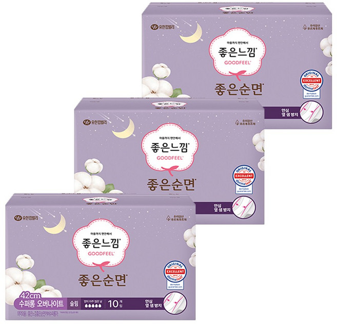좋은느낌 좋은순면 슈퍼롱 오버나이트 슬림날개 42CM 10매X3개, 오버나이트 이상, 10개입, 3개